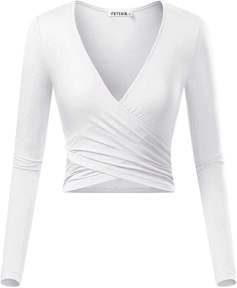 VETIOR Women's Deep V Neck Long Sleeve Unique Slim Fit Cross Wrap Shirts Crop Tops | Amazon (US)