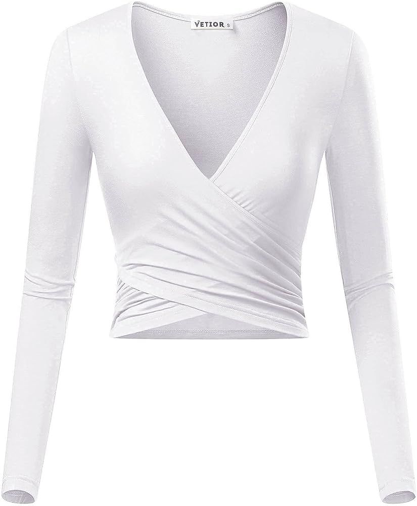 VETIOR Women's Deep V Neck Long Sleeve Unique Slim Fit Cross Wrap Shirts Crop Tops | Amazon (US)