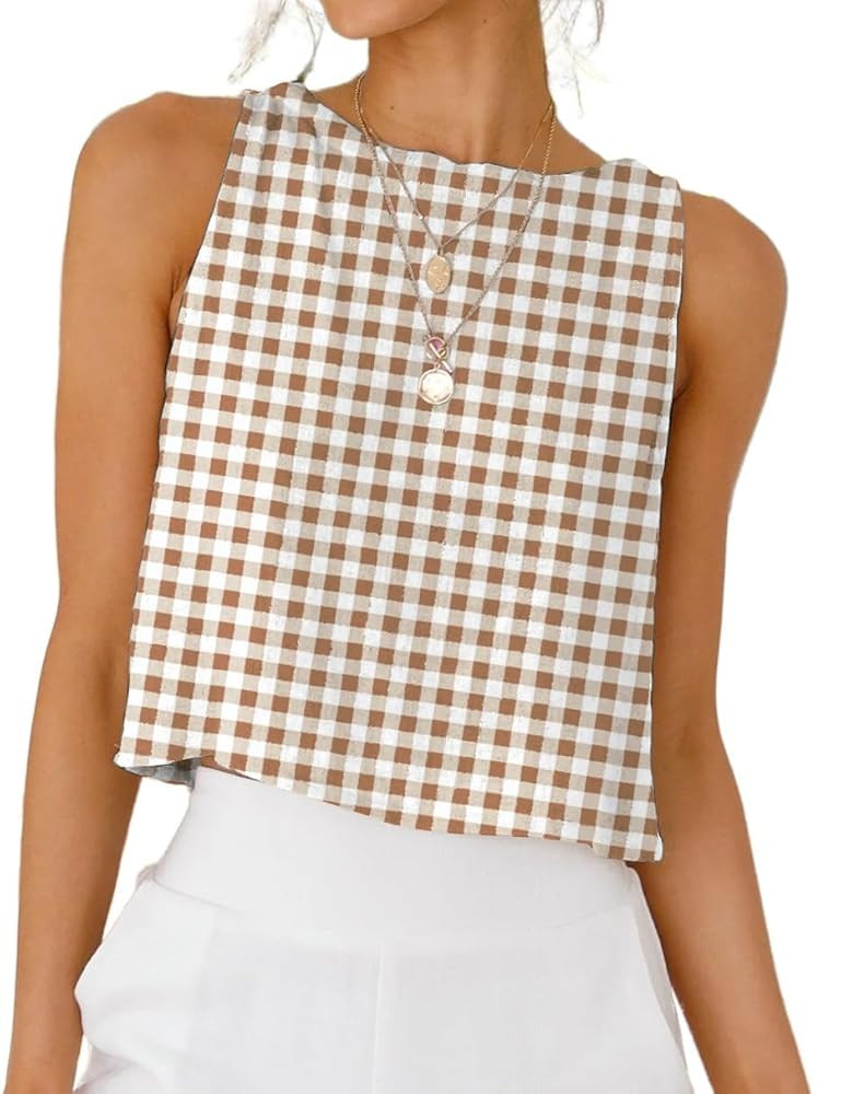 IDEALSANXUN Womens Gingham Tank Tops Spring Summer Casual Crop Cotton Sleeveless Shirts Blouses | Amazon (US)