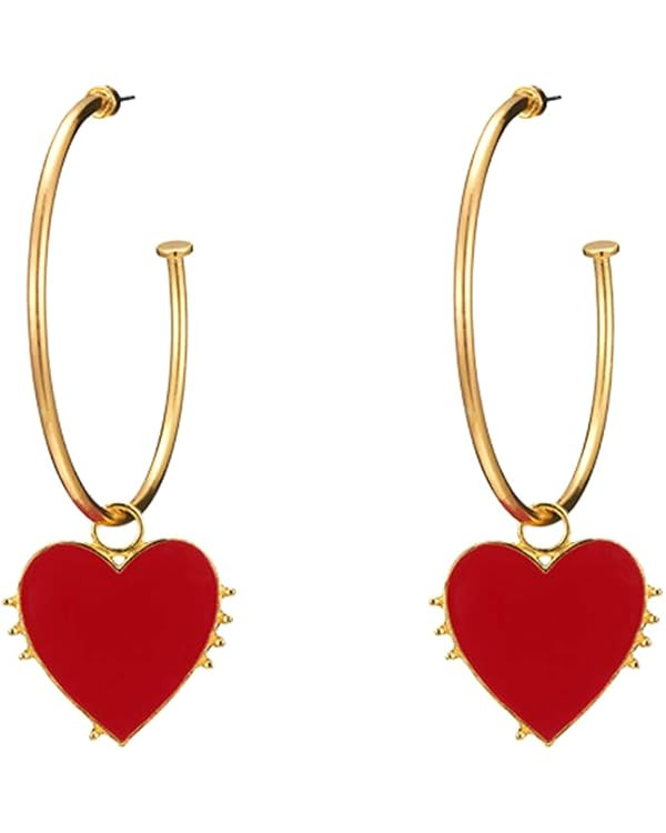 Doubnine Hoop Gold Earrings Red Heart Charm Big Circle Dangle Drop Cuff Vintage Hippie Bohemian A... | Amazon (US)