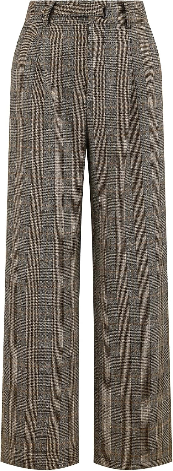 Hobemty Women's Plaid Work Pant Vintage Houndstooth Wide Leg Straight Long Trousers | Amazon (US)