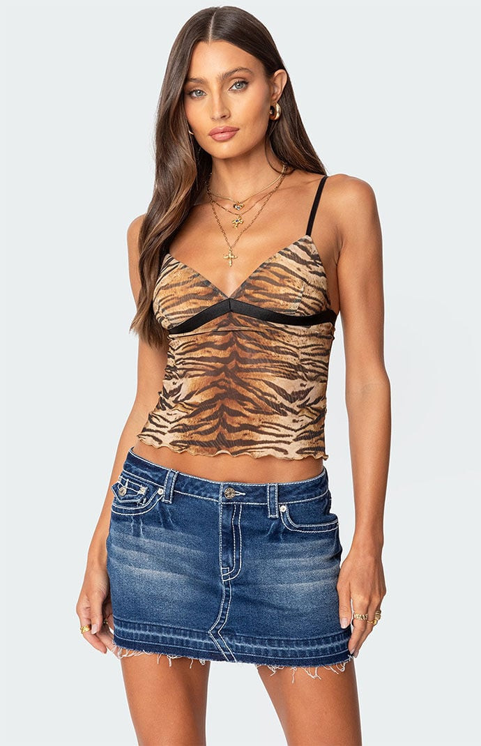 Edikted Women's Tiger Printed Mesh Tank Top in Beige - Size XS | PacSun