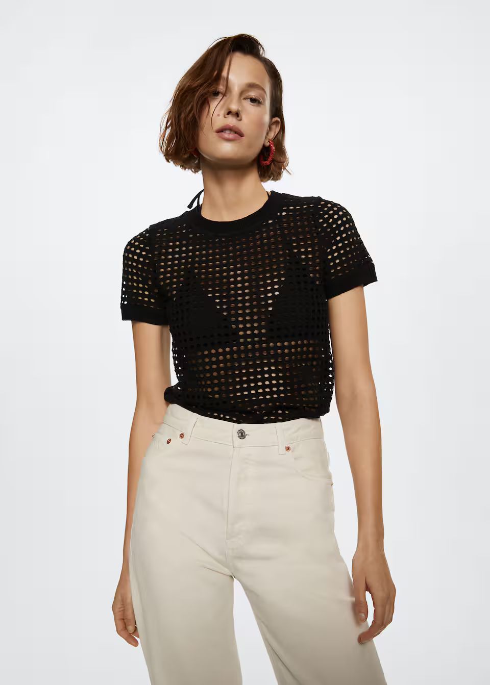 Openwork cotton-blend T-shirt | MANGO (US)