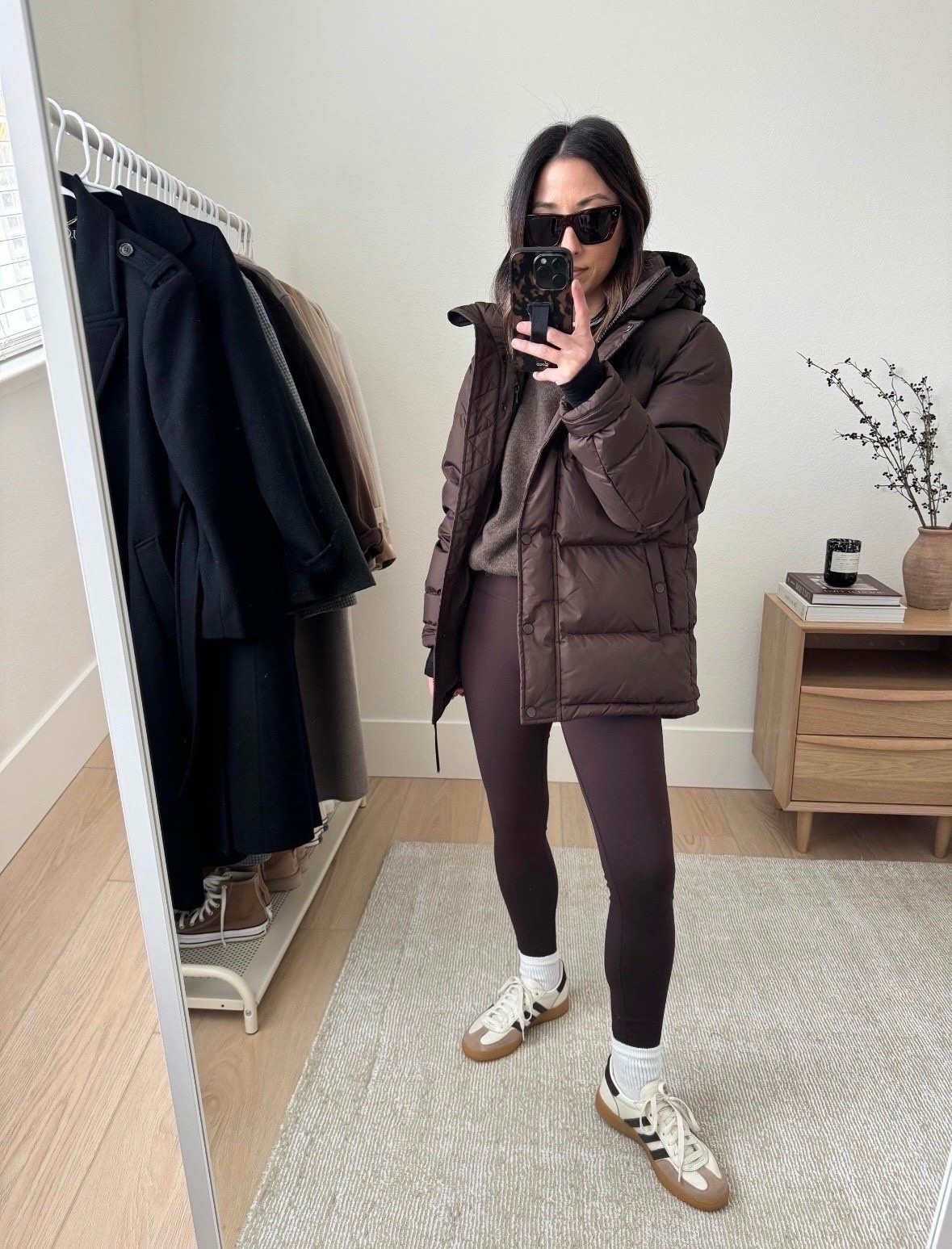 Quince mid length puffer. This is such a good petite-friendly puffer. Amazing quality, warm and great fit. 

Quince puffer xs
Quince sweater xs
Quince leggings xs
Hanes socks
Adidas Spezial sneakers 4 men’s. 
Celine sunglasses 

Petite style, athleisure, coats, winter outfits 

#LTKSeasonal #LTKPetite #LTKmomlife