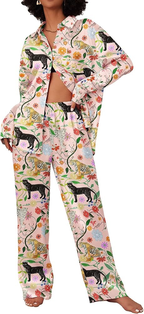Ekouaer Womens Satin Silky Pajama Set 2 Piece Print PJs Soft Loungewear Button Down Sleepwear wit... | Amazon (US)