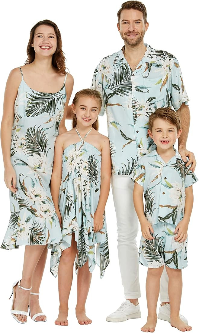 Matchable Family Hawaiian Luau Men Women Girl Boy Clothes in Wispy Cereus Light Blue | Amazon (US)