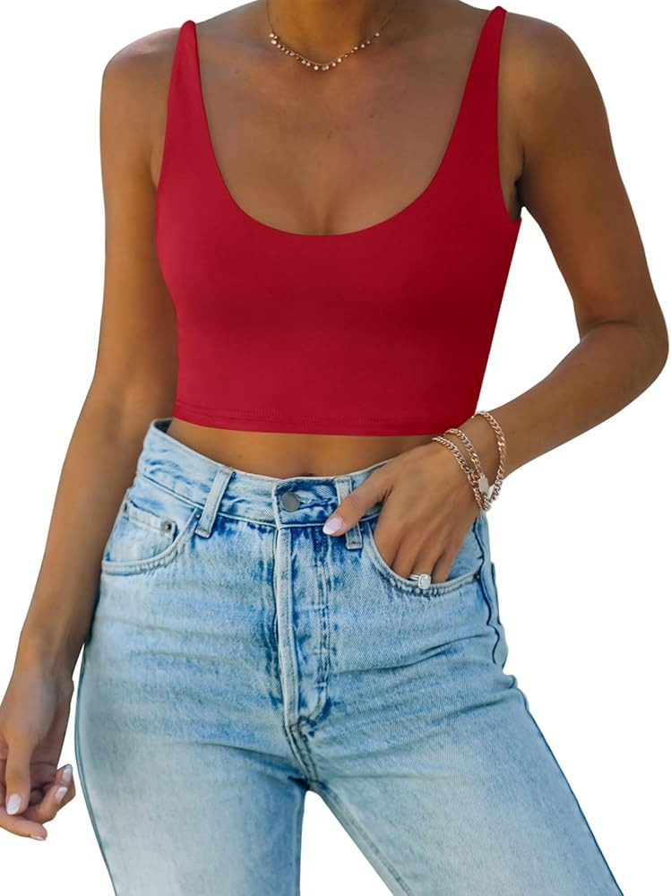 REORIA Butsmooth\u00ae Women's Basic Sexy Deep Scoop Neck Double Lined Seamless Sleeveless Croppe... | Amazon (US)