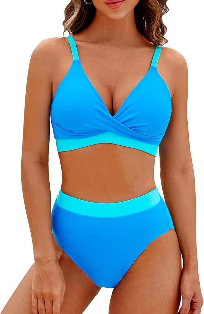 BMJL Women's High Waisted Bikini Sets V Neck Two Piece Swimsuit Color Block Twist Front Bathing S... | Amazon (US)