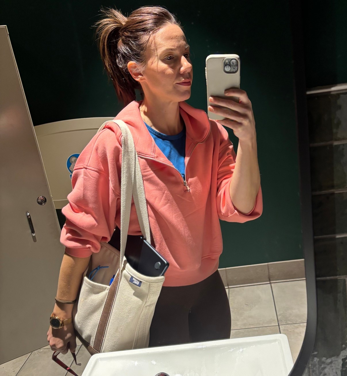 This is what I actually throw on to get out the door.

Half zip + leggings + tote = easy, comfortable, done. No adjusting, no overthinking.

• pullover: relaxed, soft, easy layer
• leggings: hold + move with you
• tote: fits everything
• shoes: simple but colorful 

Linked it—worn on repeat.

#LTKActive #LTKOver40 #LTKdayinmylife