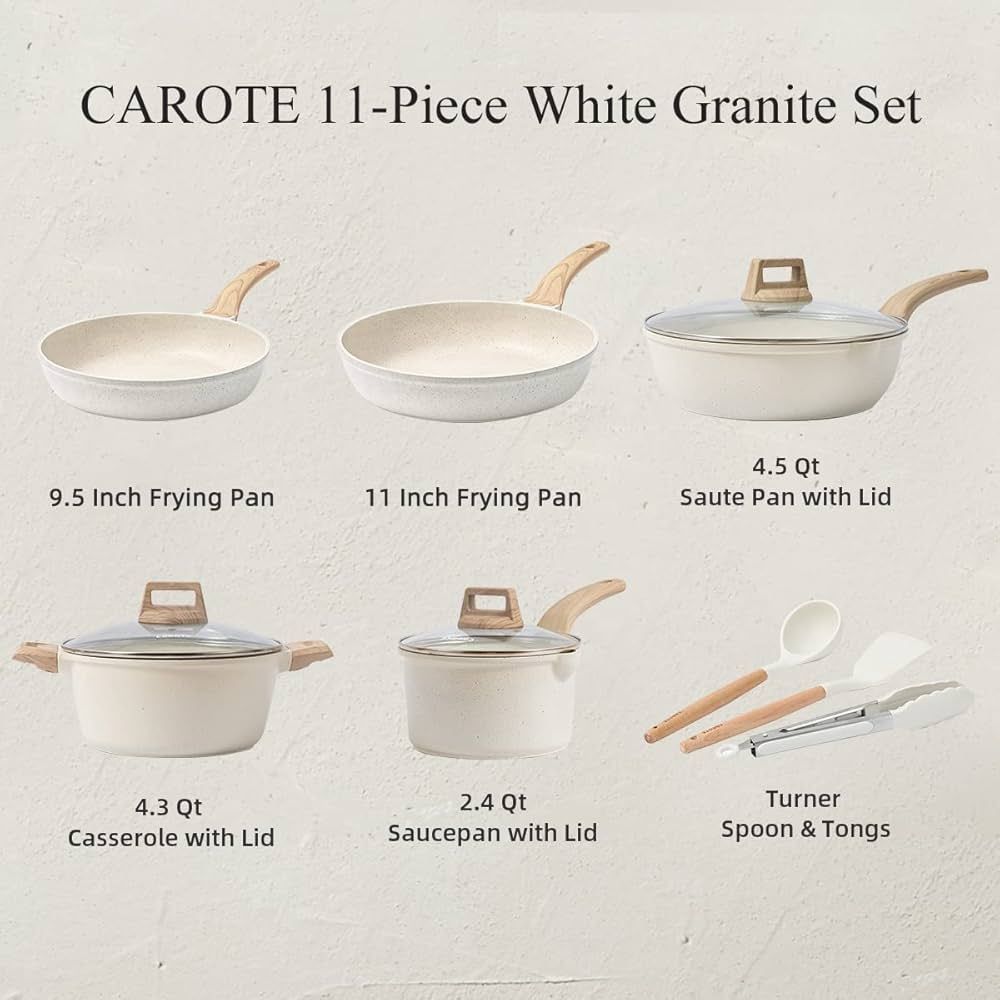 CAROTE Pots and Pans Set Nonstick, White Granite Induction Kitchen Cookware Sets, 11 Pcs Non Stic... | Amazon (US)