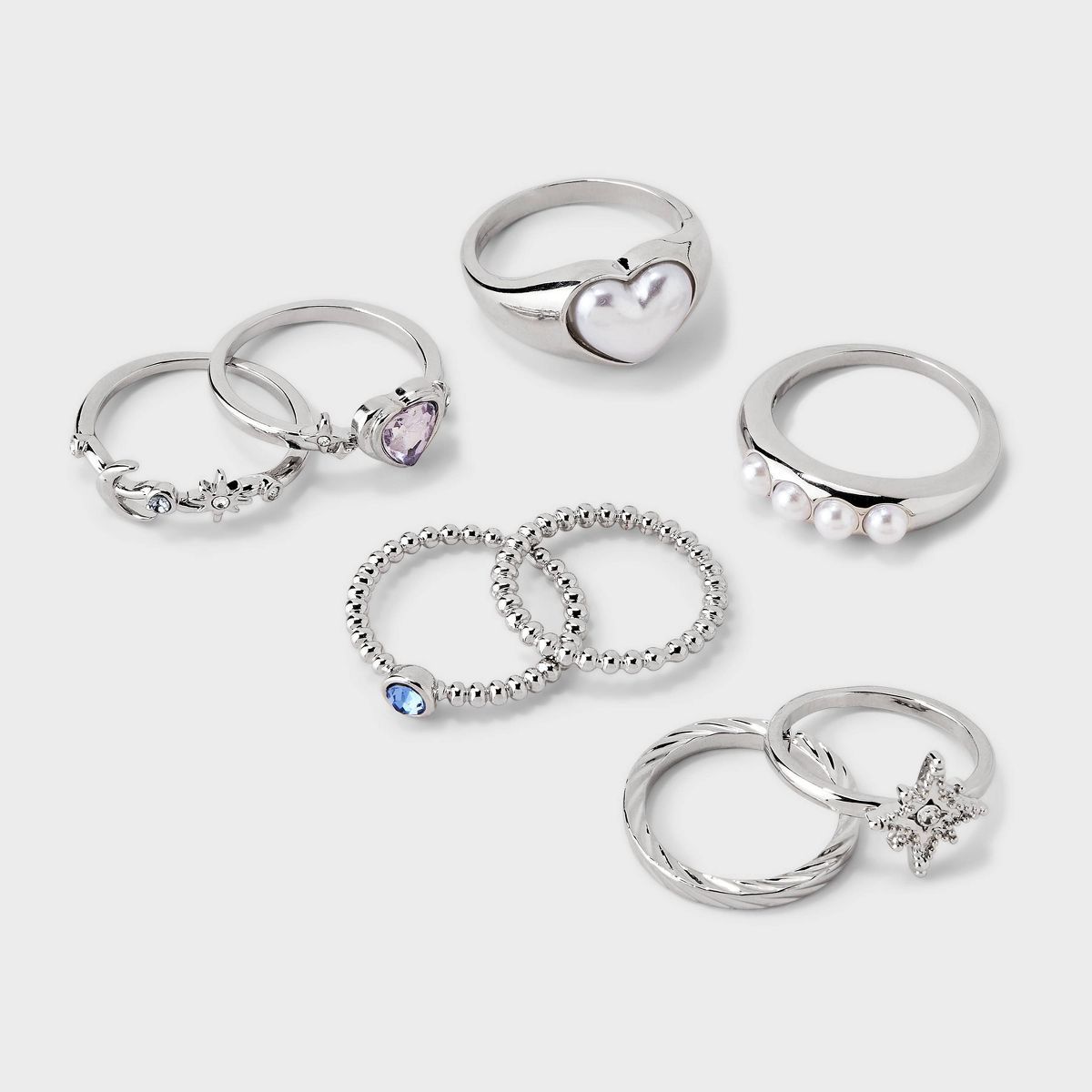 Pearl Heart and Star Ring Set 8pc - Wild Fable™ Silver | Target