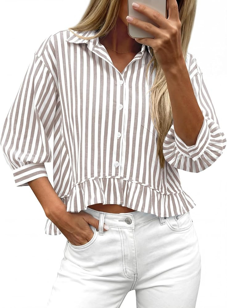 PRETTYGARDEN Striped V Neck 3/4 Length Sleeve Oversized Button Down Shirts for Women Ruffle Summe... | Amazon (US)
