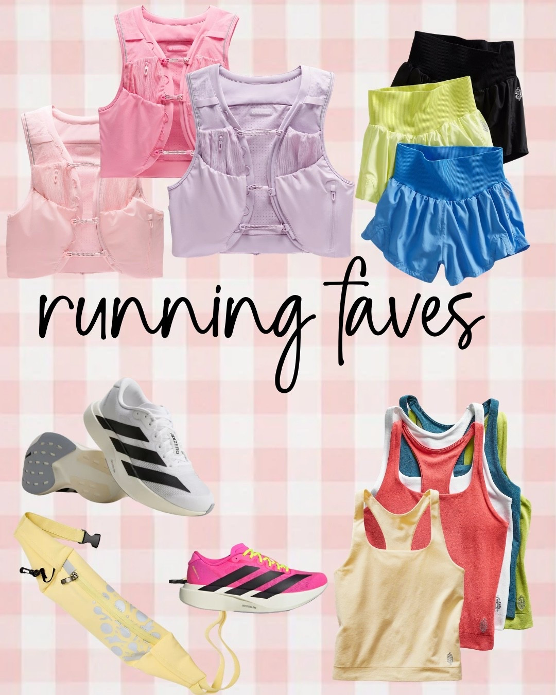 Go to running shorts, tank, vest, belt, and shoes