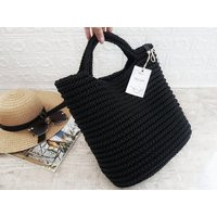 Handmade Crochet Black Bag, Knit Shopper Casual Rope Spacious Tote, Scandinavian Handbag For Women | Etsy (US)