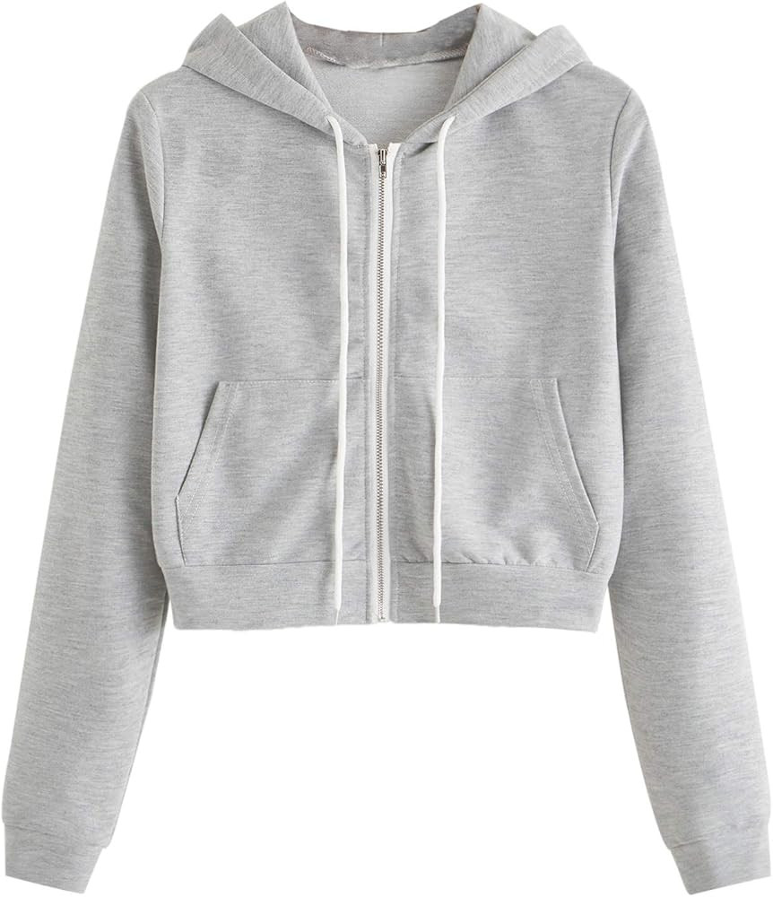 Women's Long Sleeve Zip up Drawstring Hoodies Crop Top Sweatshirt with Pocket | Amazon (US)