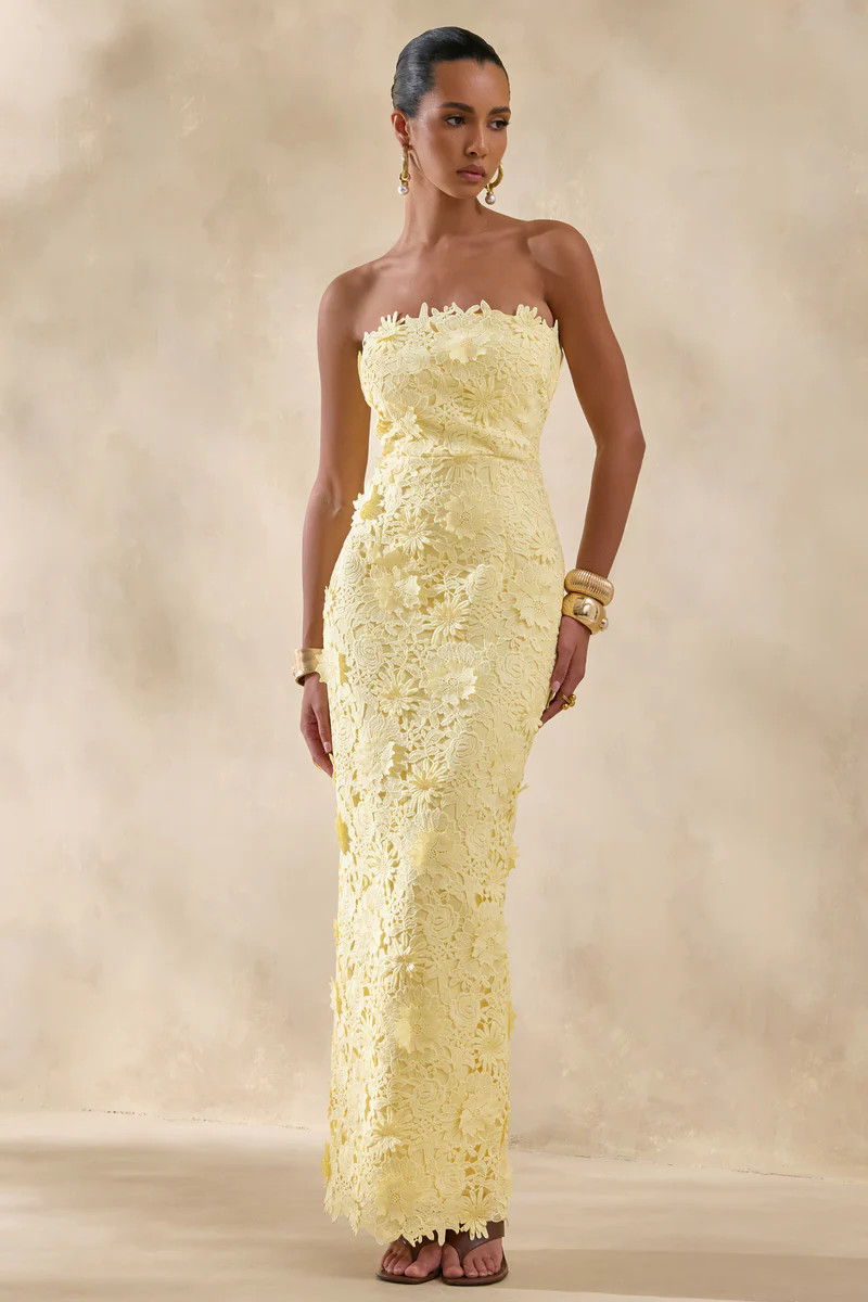 Gracie  Lemon Lace Bandeau Maxi Dress | Club L London
