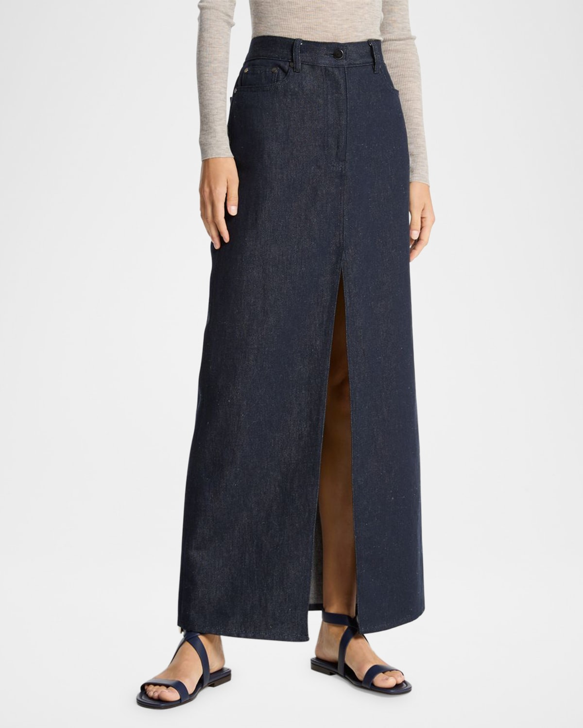 Cotton-Linen Denim Slit Maxi Skirt | Neiman Marcus