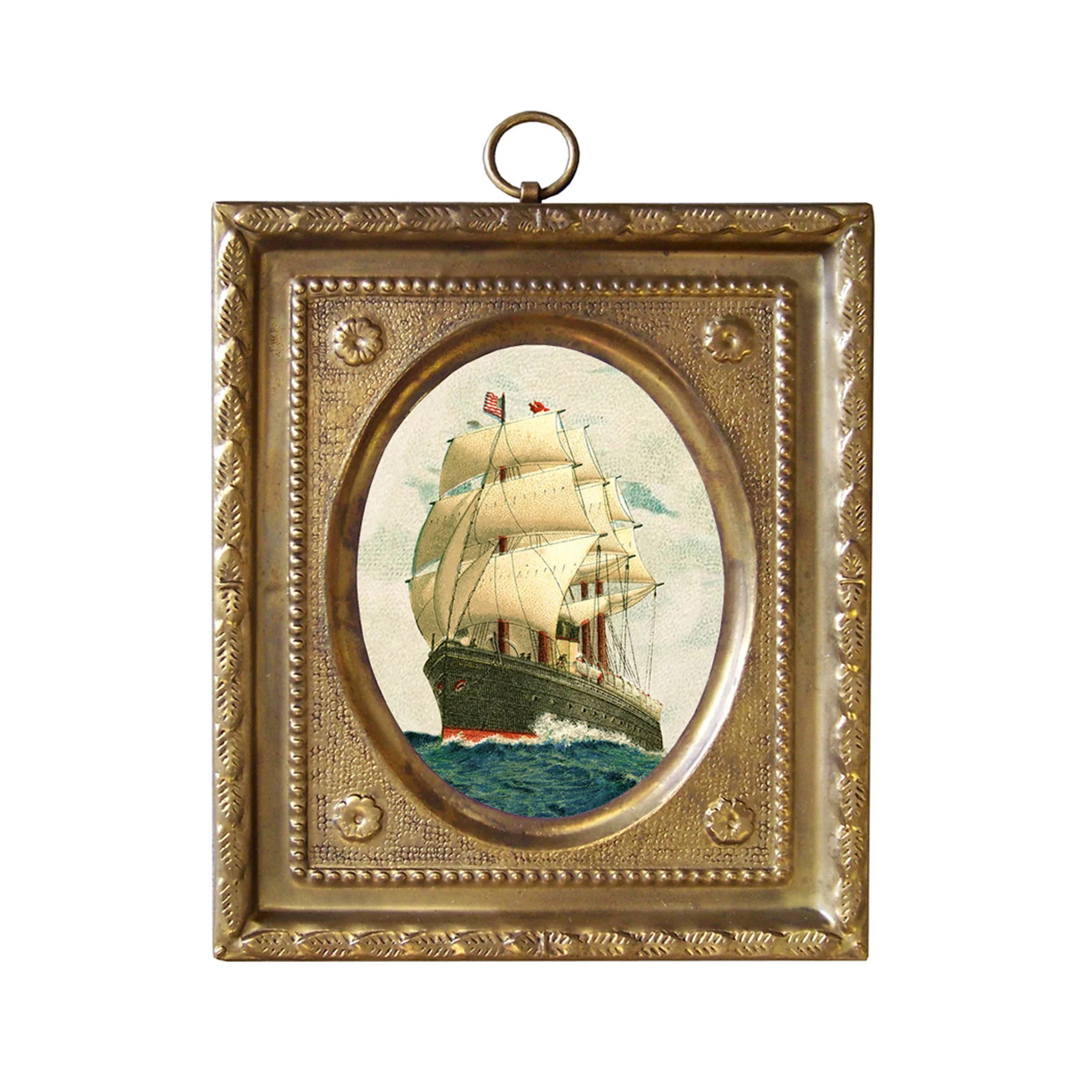 4-1/2" Sailing Ship Print in Embossed Brass Frame- Antique Vintage Style | Etsy (Global)