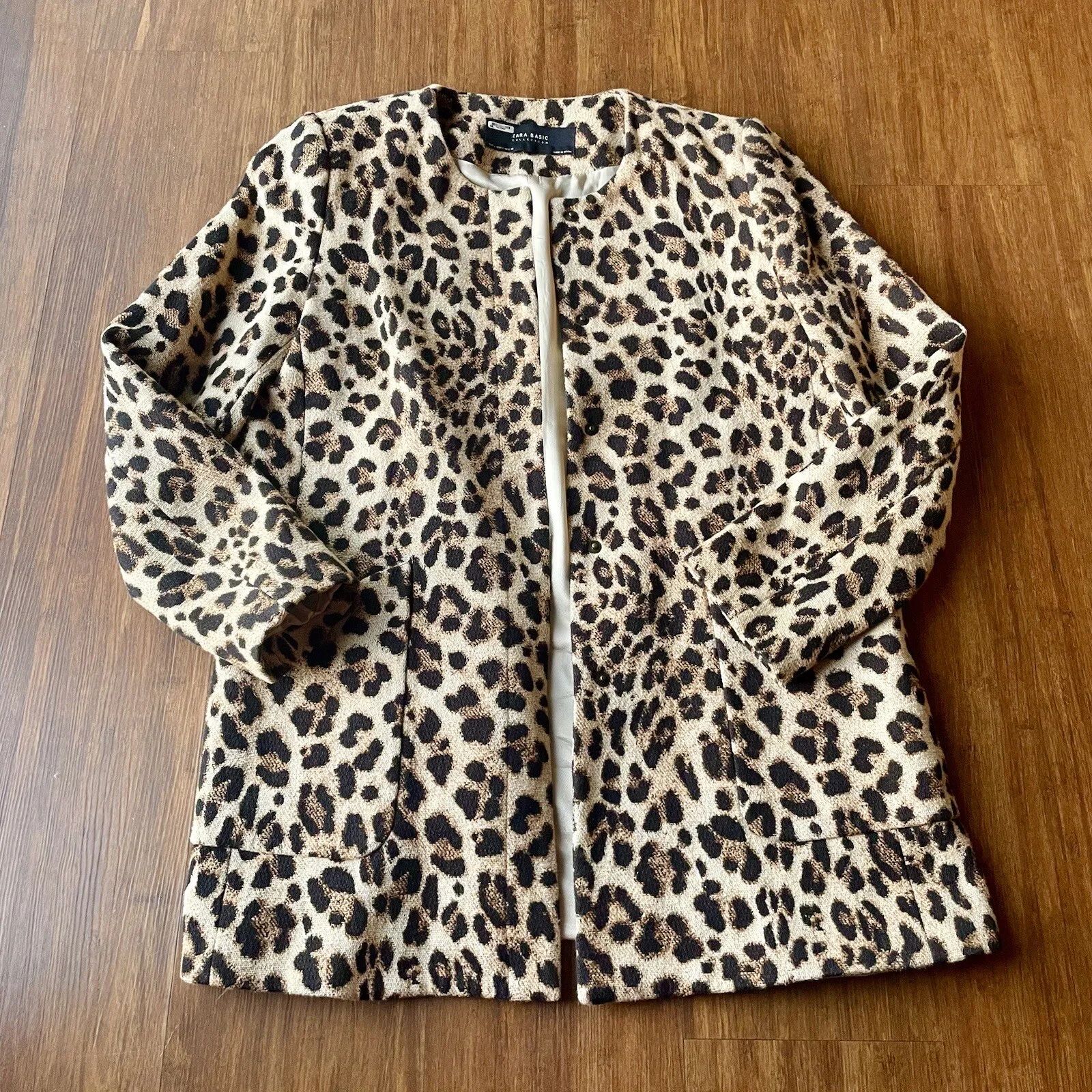 Zara Basic Collection Jacket Women Large Leopard Print Coat Collarless Animal | eBay CA