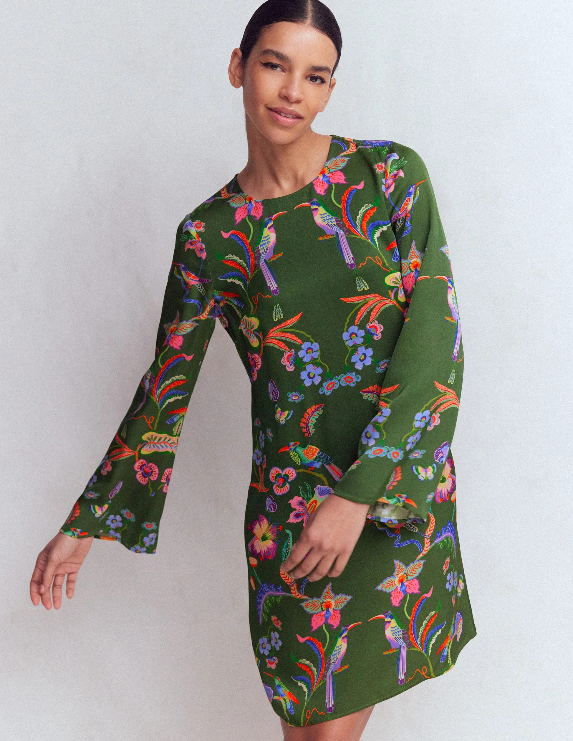 Flared Sleeve Shift Dress-Hunter Green, Orchid Canopy | Boden (US)