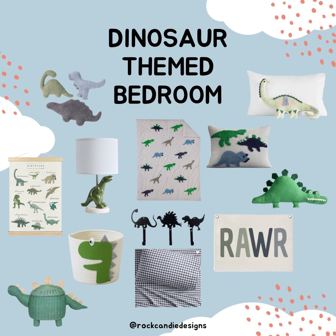 Dinosaur themed bedroom decor for your little guy or little girl! I’m in love with the Dino bedding, the wall art, the throw pillows and the giant basket! The plaid sheets are adorable and the dinosaur lamp is too cute! I love that the sheets are organic as well! Perfect for all the dinosaur lovers out there! 

#LTKKids #LTKSaleAlert #LTKHome