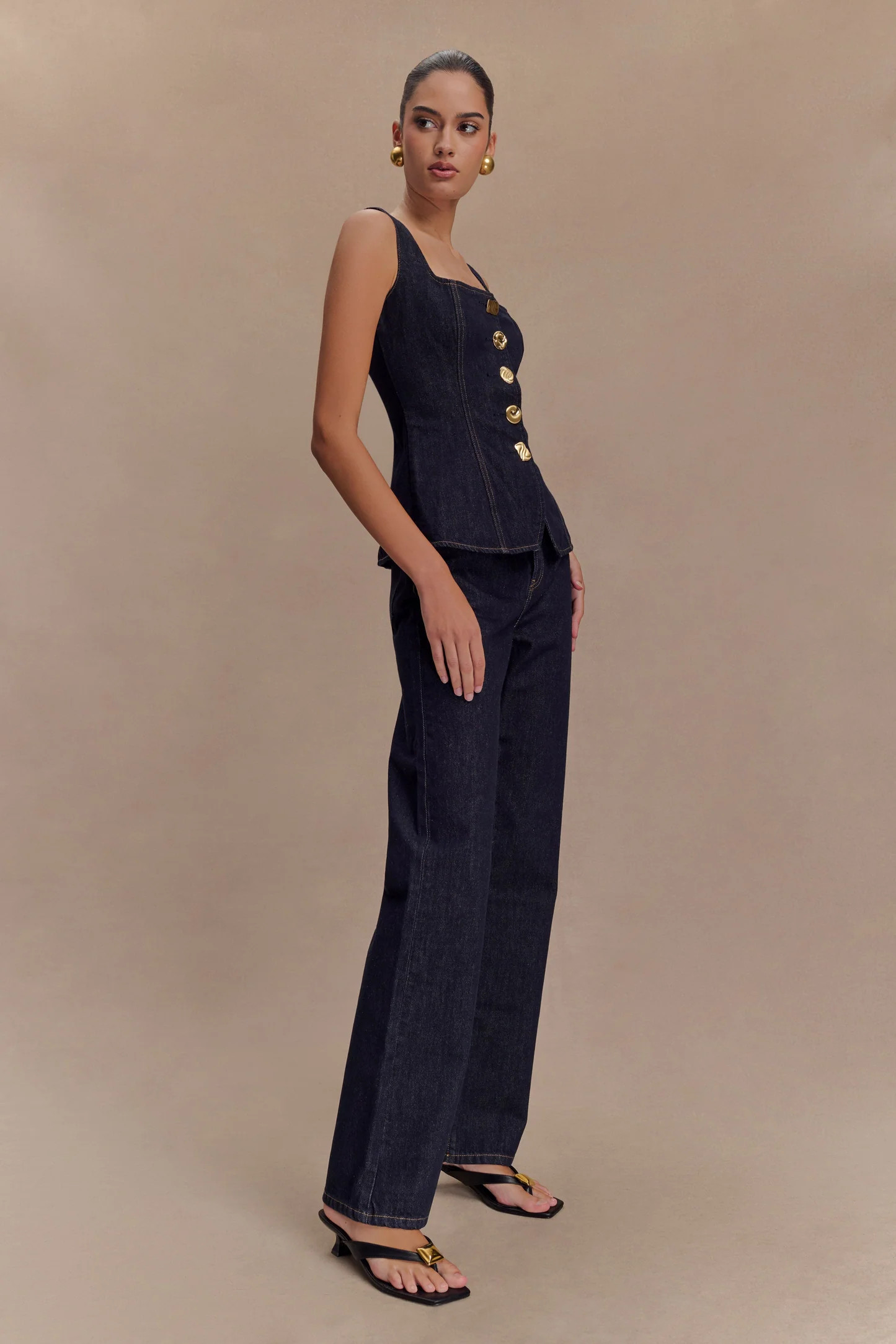 Sleeveless Buttoned Denim Top - Washed Indigo Blue | MESHKI US