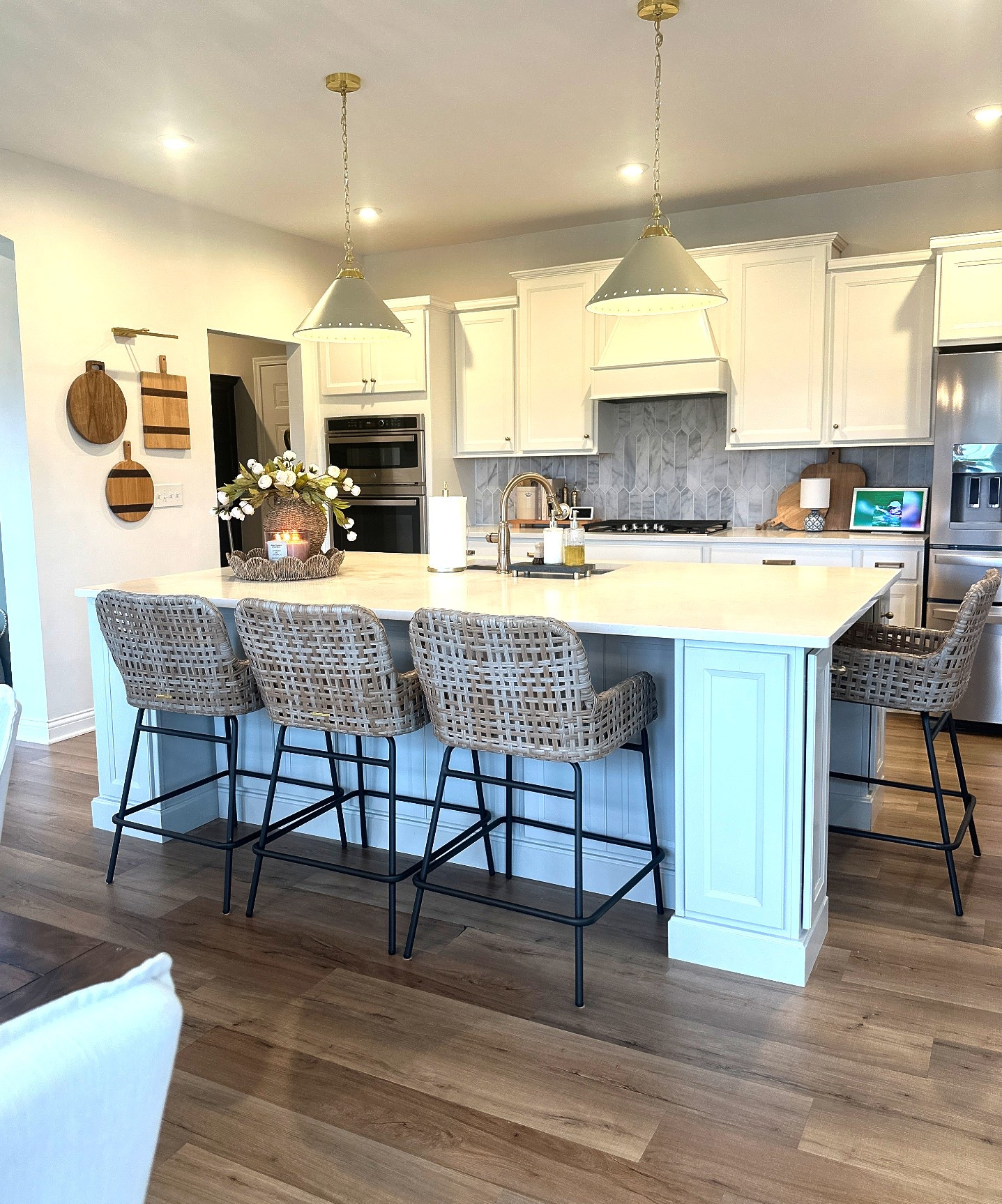 Kitchen, Bailey woven stools, ada pendants, Ballard designs, skylight, kitchen counter decor, kitchen styling 

#LTKHome