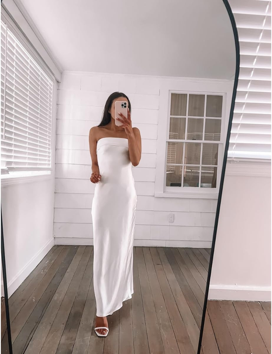 Bridal white outfit - wearing XS, heels true to size. Satin silk tube top maxi dress/white bridal heels
 

 #LTKPetite #LTKFindsUnder50 #LTKWedding