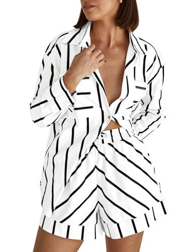 Tankaneo Womens Striped 2 Piece Outfits Button Down Shirts and Shorts Lounge Matching Sets White ... | Amazon (US)