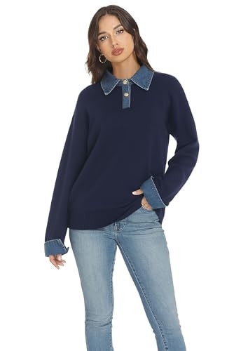 GUNEST Oversized Sweaters for Women Trendy Casual Chunky Denim V Neck Button Down Tunic Sweater Navy Blue L | Amazon (US)