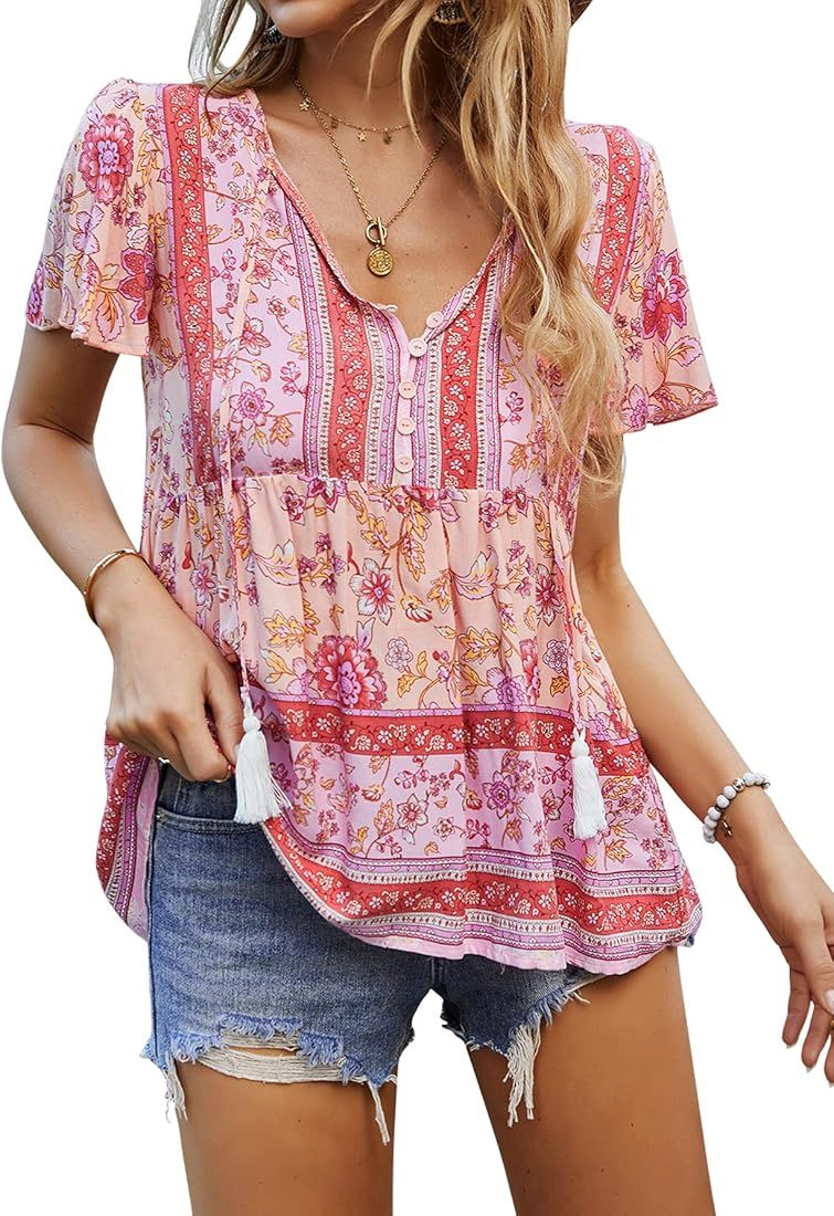 KAYWIDE Women's Floral Print V Neck Ruffle Short Sleeve Summer Shirts Tops Casual Loose Boho Blou... | Amazon (US)