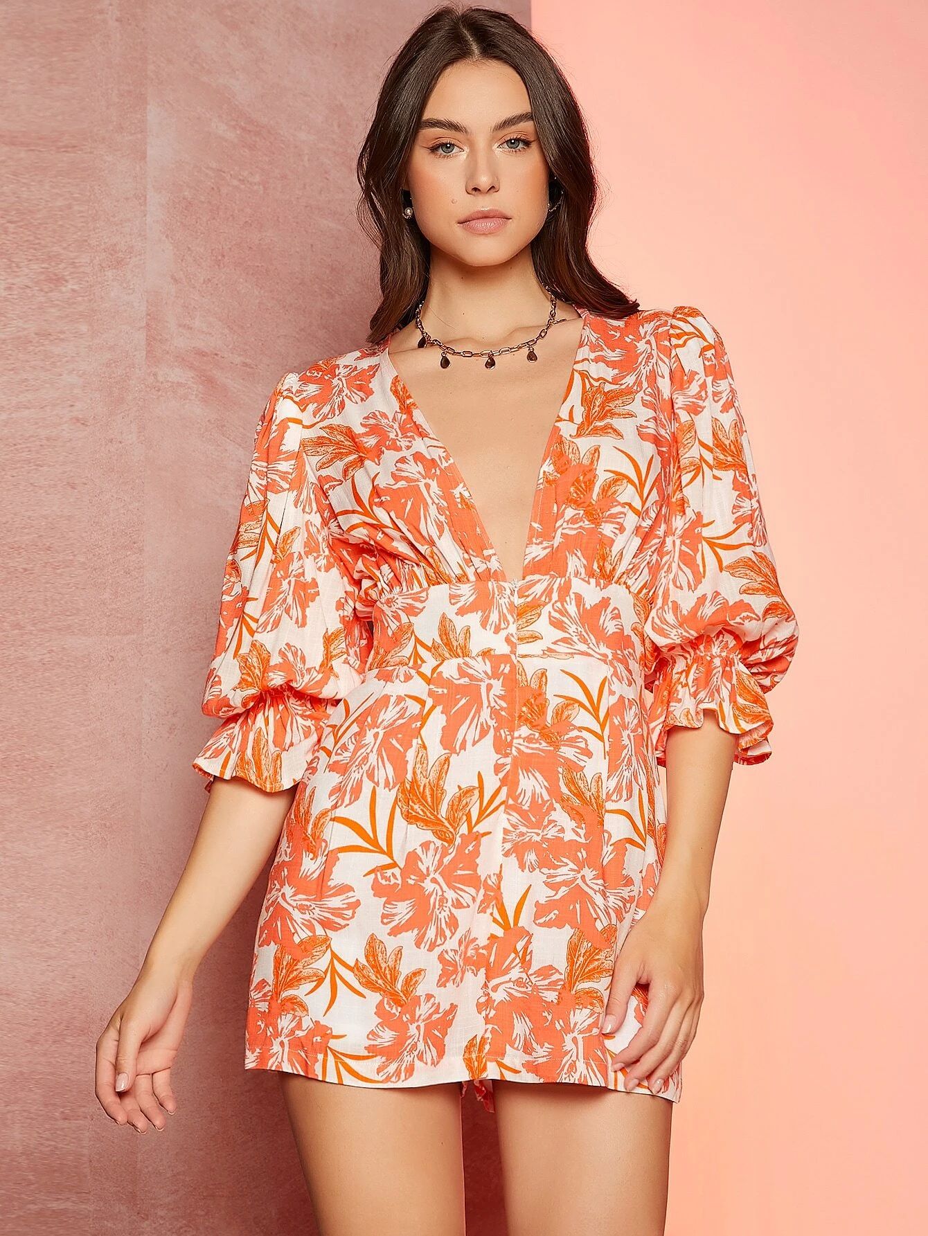SHEIN Floral Print Plunging Neck Flounce Sleeve Zip Front Romper | SHEIN