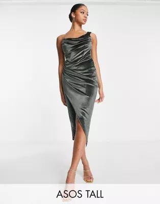 ASOS DESIGN Tall one shoulder velvet drape corset detail midi dress in pewter green | ASOS (Global)