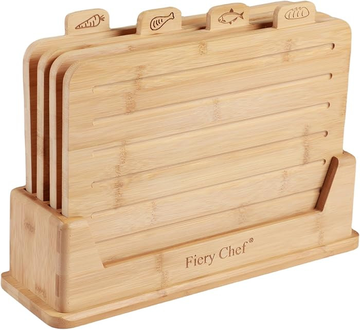 Fiery Chef 12.6"L x 9"W Bamboo Cutting Board Set of 4 - Wood Cutting Board Set with Holder, Chopp... | Amazon (CA)
