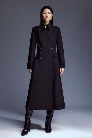Compact Stretch Double Breasted Pleat Detail Full Skirt Coat | Karen Millen US