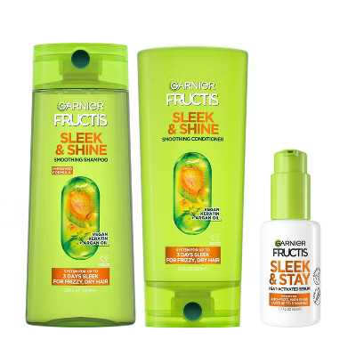 Garnier Fructis Sleek & Shine for Frizzy, Dry, Unmanageable Hair 22 fl oz Shampoo + 21 fl oz Conditioner + 1.7 fl oz Heat-Activated Hair Serum | Target