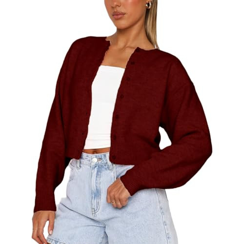 Women Y2K Button Front Crop Sweater Cardigan Solid Color Crew Neck Long Sleeve Knit Fall Tops Streetwear (Deep Red, M) | Amazon (US)