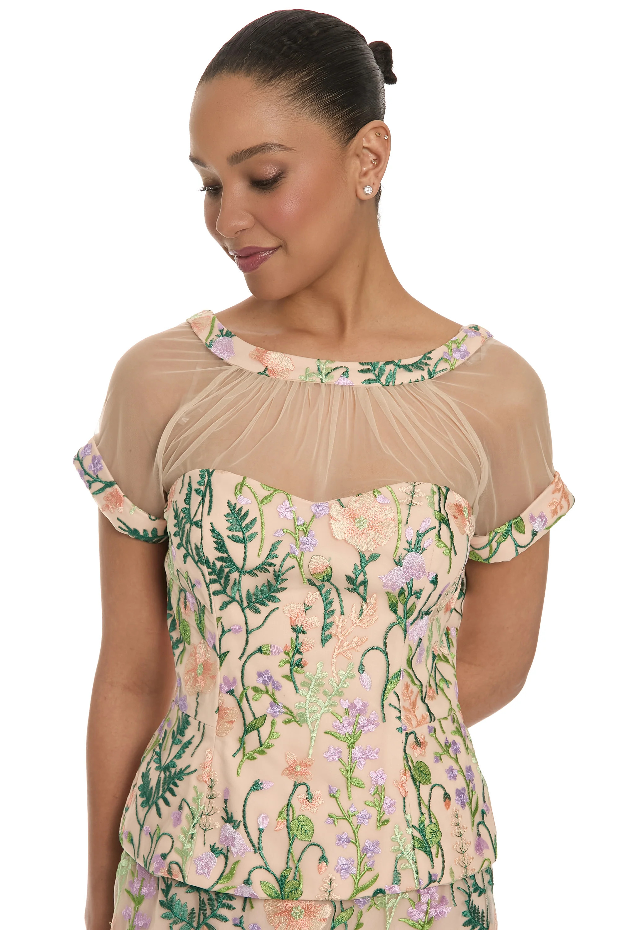 Constance Illusion Blouse in Summer Garden Embroidery | Maggy London