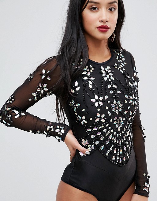 A Star Is Born Petite Going Out Embellished Bodysuit in Sheer Mesh | ASOS US