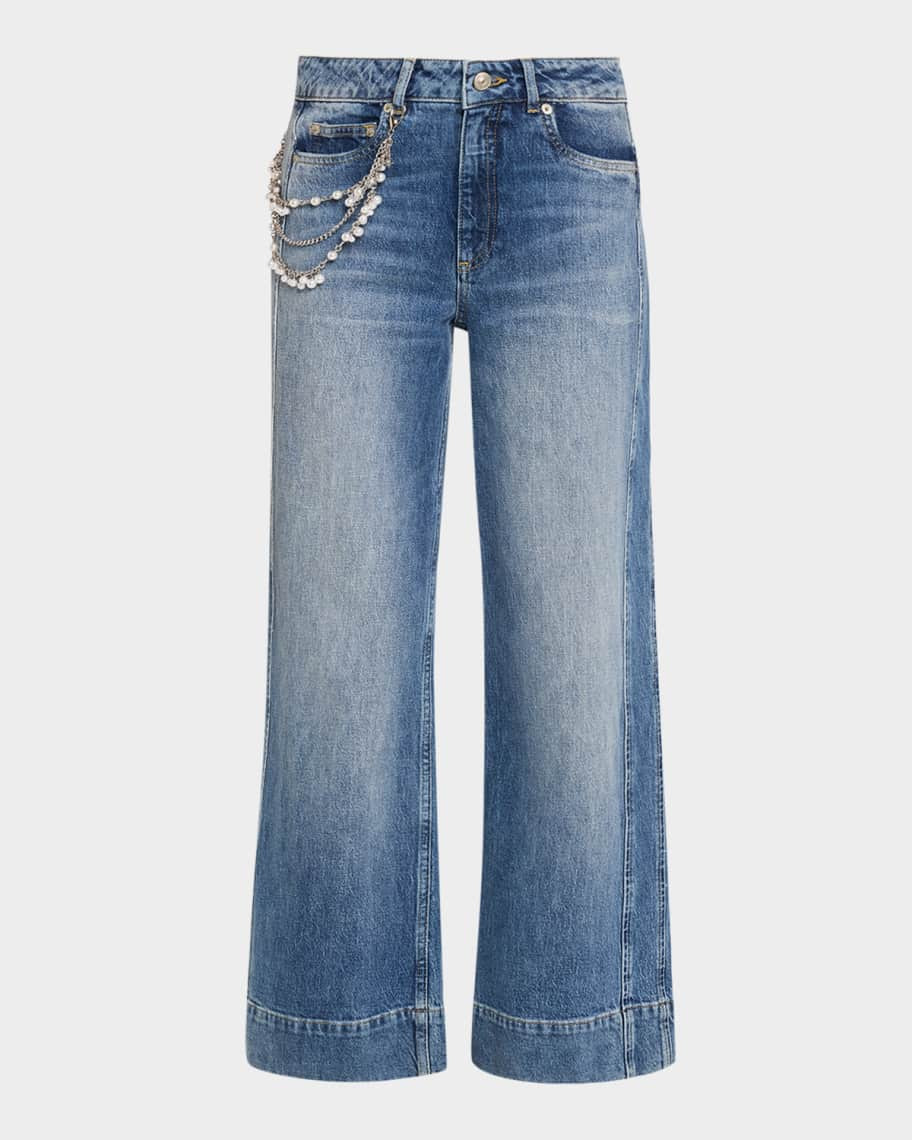 Pearly-Chain Cropped Wide-Leg Jeans | Neiman Marcus