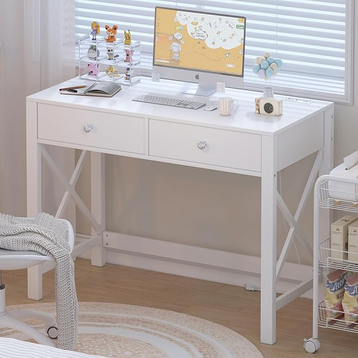 WiberWi Home Office Desk with Drawers, White Modern Writing Computer Desk with Power Outlets, Sma... | Amazon (US)