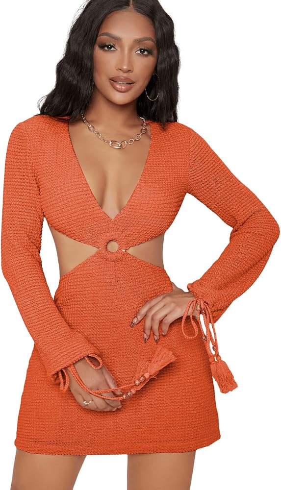 SweatyRocks Women's Long Sleeve Drawstring Cuff Cutout Ring Bodycon Mini Dress | Amazon (US)