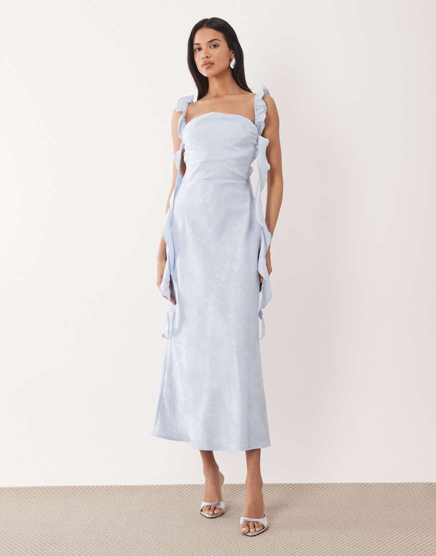 Rare London ruched drape detail lace trim floral jacquard satin dress in light blue | ASOS (Global)
