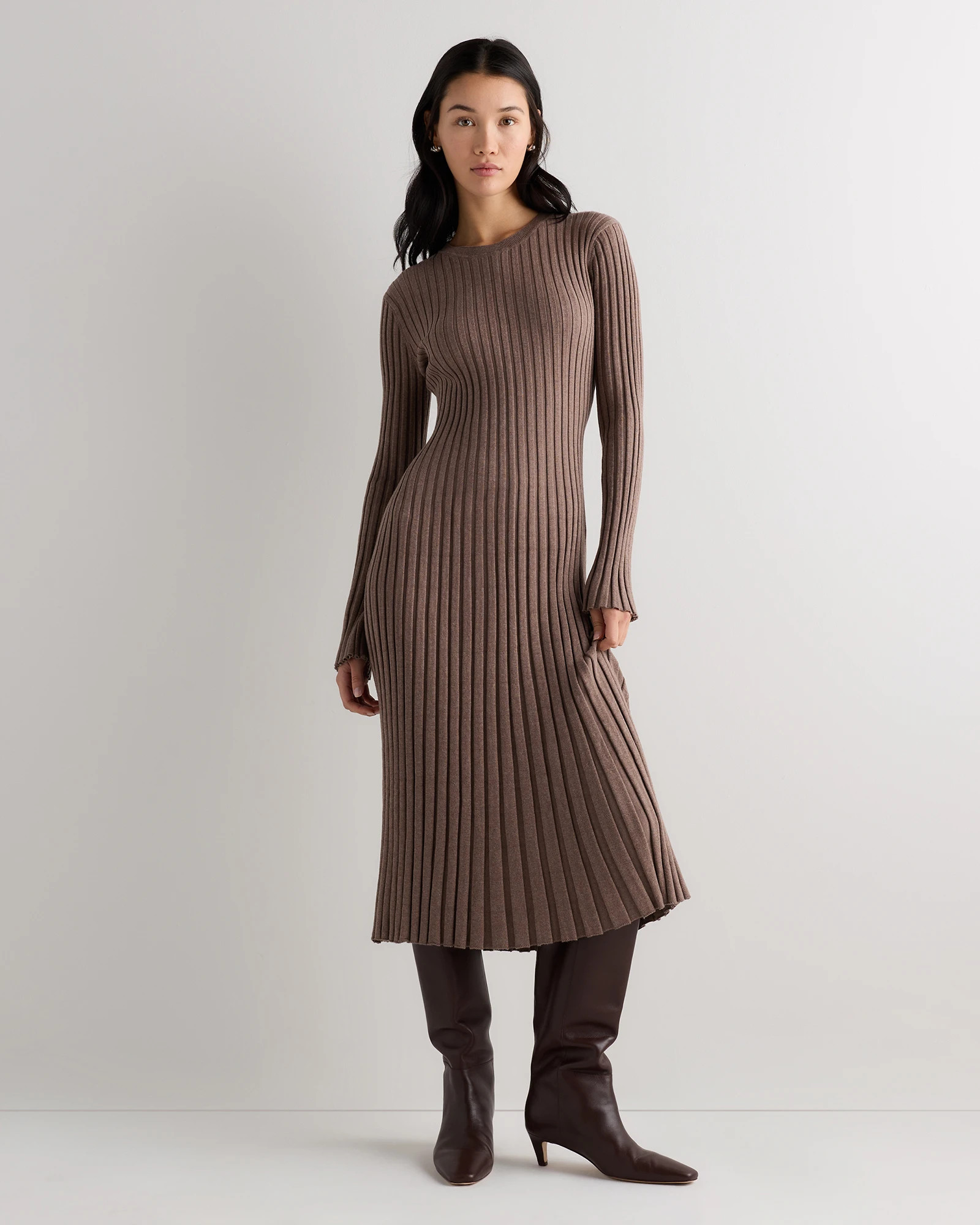 Quince | Women's Cotton Cashmere Ribbed Long Sleeve Crew Midi Dress in Heather Charcoal, Size XS | Quince