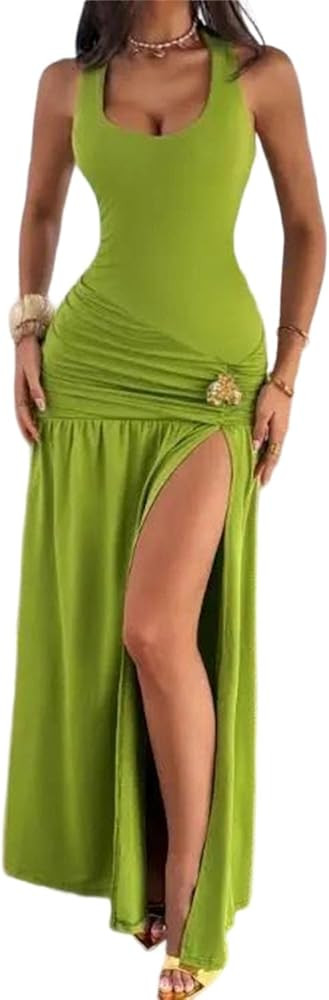 Womens Solid Backless Ruched Slim High Slit Vacation Dress | Amazon (US)