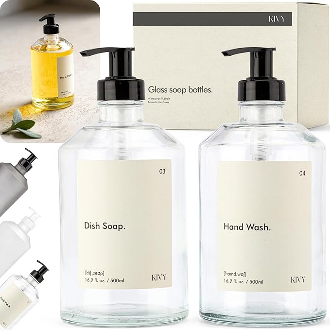 KIVY Glass Soap Dispenser Set [INCL. Waterproof Labels] - Glass Soap Dispenser with Pump - Hand S... | Amazon (US)