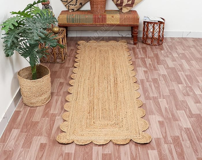 Hand Woven Natural Jute Scalloped Rug, Reversible Boho Entry Area Rugs for Kitchen, Living Room, ... | Amazon (US)