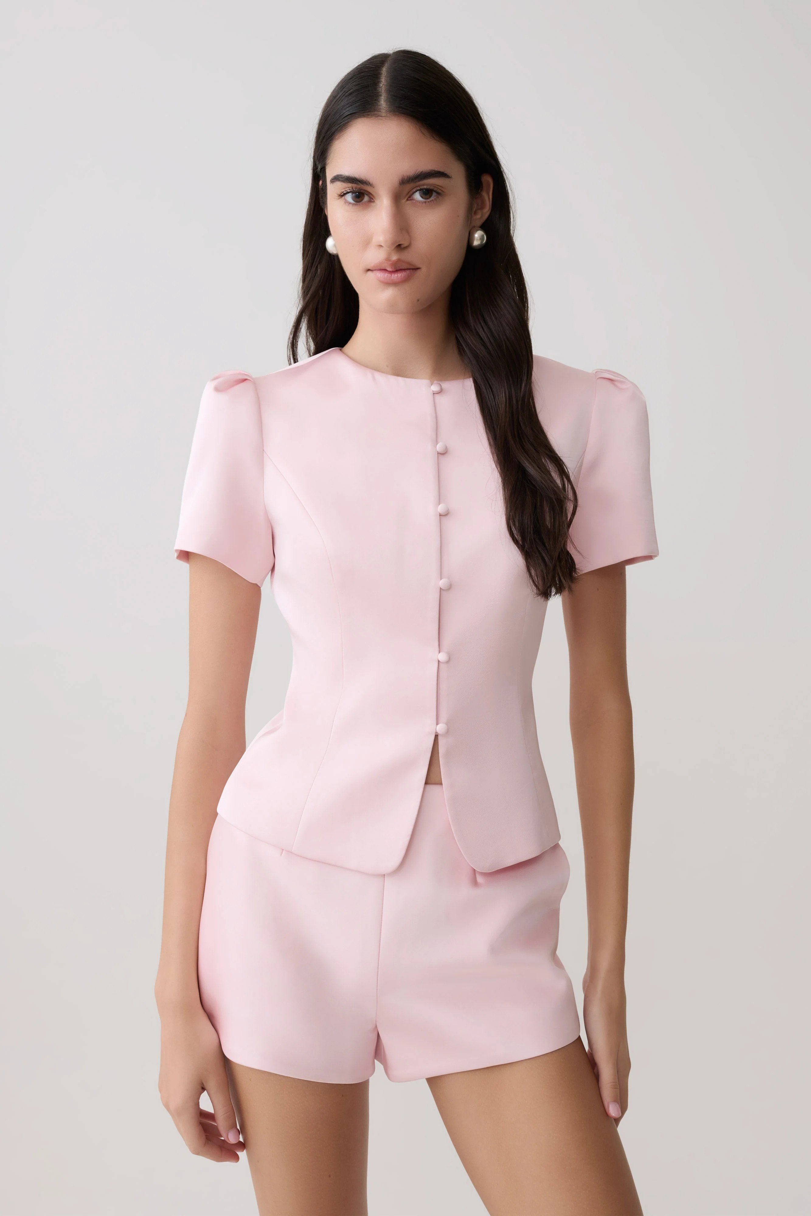 Anne Short Sleeve Satin Top / Pale Pink | MESHKI | S | MESHKI US