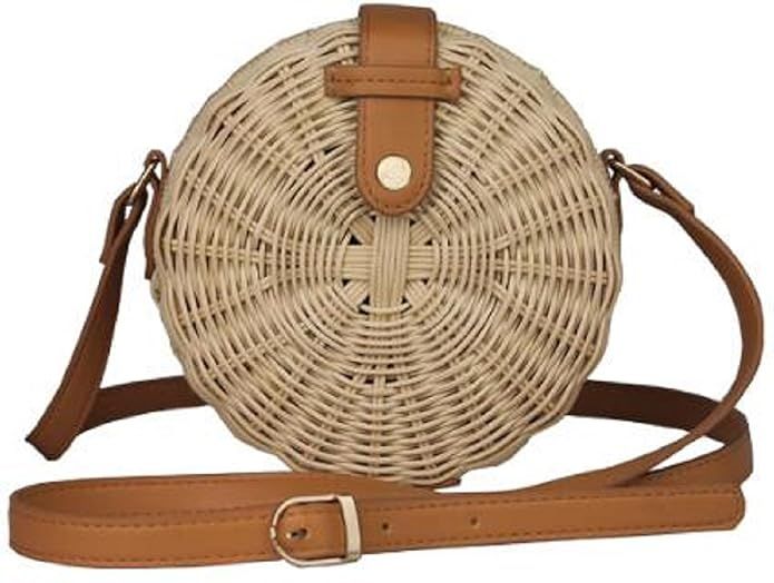 Lush Handmade Woven Round Circle Small Handwoven Straw Wicker Pinstripe Lined Basket Crossbody Bu... | Amazon (US)