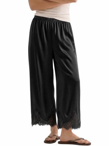 Tankaneo Womens Silk Satin Pants Wide Leg Lace Elastic Pajama Lounge Pants | Amazon (US)